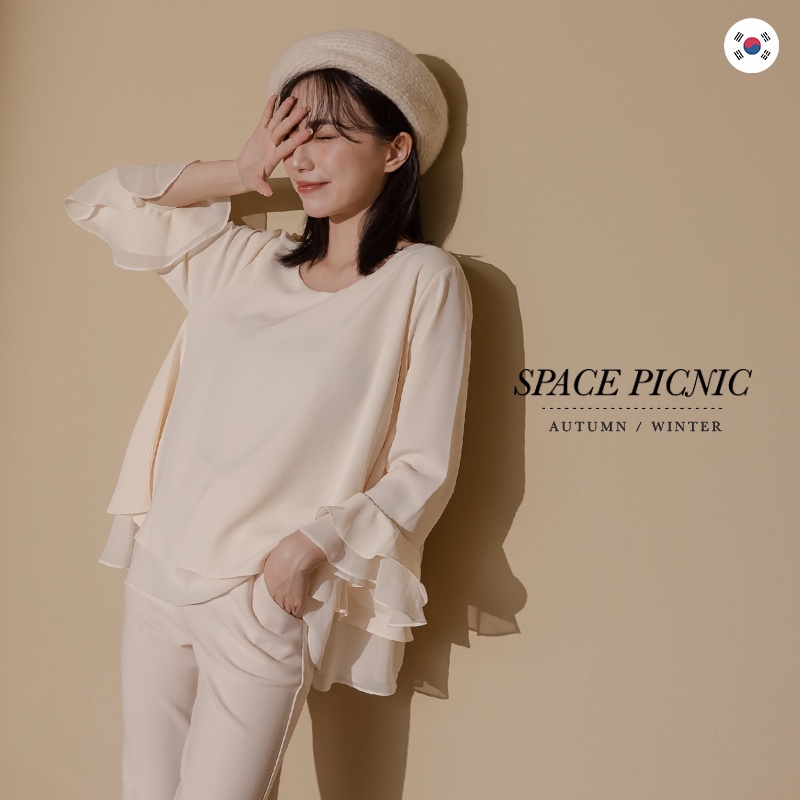 [明天出貨] Space Picnic｜正韓-雙層荷葉雪紡上衣-2色(現貨)【K22104032】