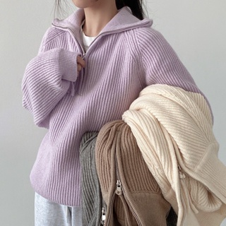韓國chic慵套頭毛衣拉鍊高領保暖長袖針織衫