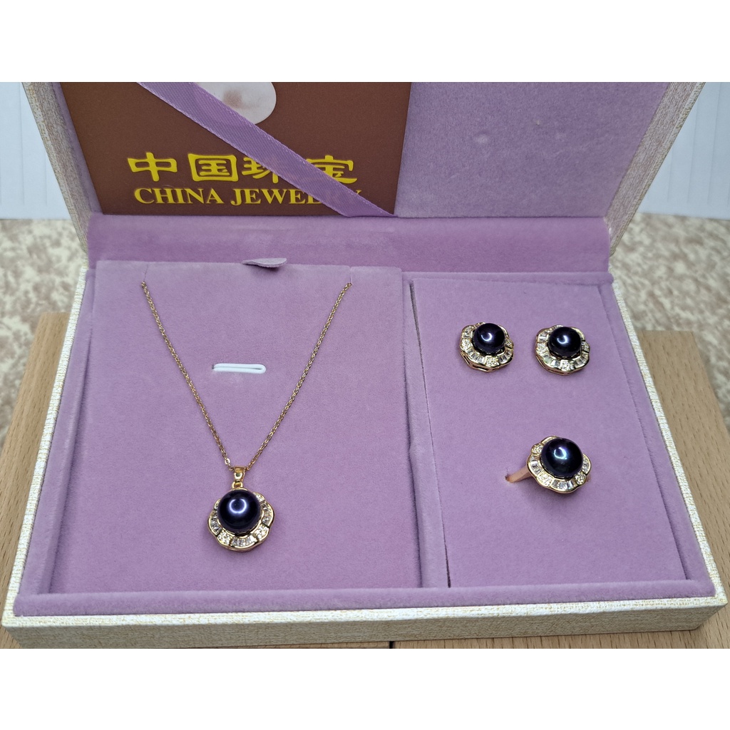 天然珍珠項鍊三件套組 (養殖珍珠 黑紫色、正圓)