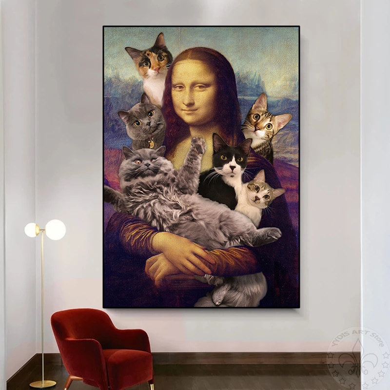 帆布畫蒙娜麗莎和可愛貓咪搞笑海報藝術版畫經典名畫人物牆藝術圖片房間家居裝飾