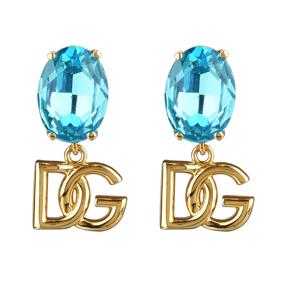 D&G DOLCE&GABBANA 金屬LOGO鑽鑲飾垂墜夾式耳環(青藍)