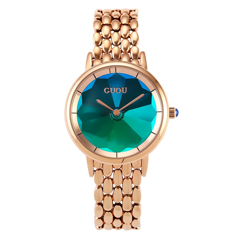 Guou綠鋼錶帶真皮錶帶女士手錶時尚真皮鋼帶錶帶炫目防水女錶