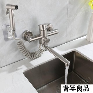 廠家直郵！304不銹鋼廚房水龍頭 冷熱拉絲入牆式雙孔水龍頭 帶清洗噴頭洗菜池水槽水龍頭 噴槍水龍頭 雙聯水龍頭 優品