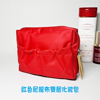 💎魔力方程飾💎專櫃克蘭詩 紅色尼龍布雙層化妝包 隨身收納包 旅行收納袋 零錢包 萬用包 彩妝包