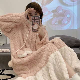 ✨ 溫暖熱賣✨ 2022年秋冬季新款睡衣女法蘭絨睡袍加厚加絨珊瑚絨連帽可愛家居服