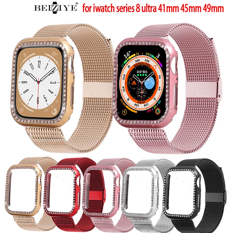 米蘭錶帶+鑽石保護套 適用Apple Watch 8 Ultra 磁吸錶帶 不鏽鋼錶帶41mm 45mm 49mm