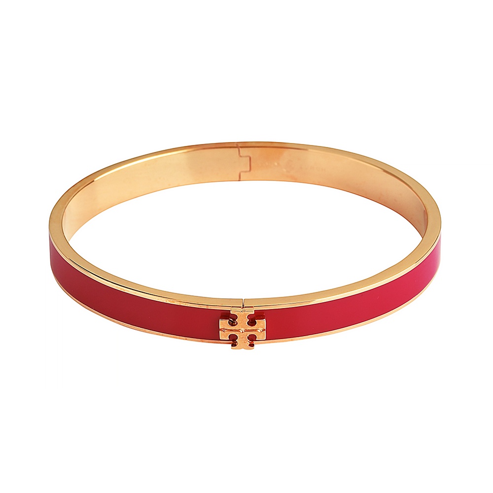 TORY BURCH KIRA金屬LOGO橢圓設計黃銅琺瑯釦式手環(紅x金)