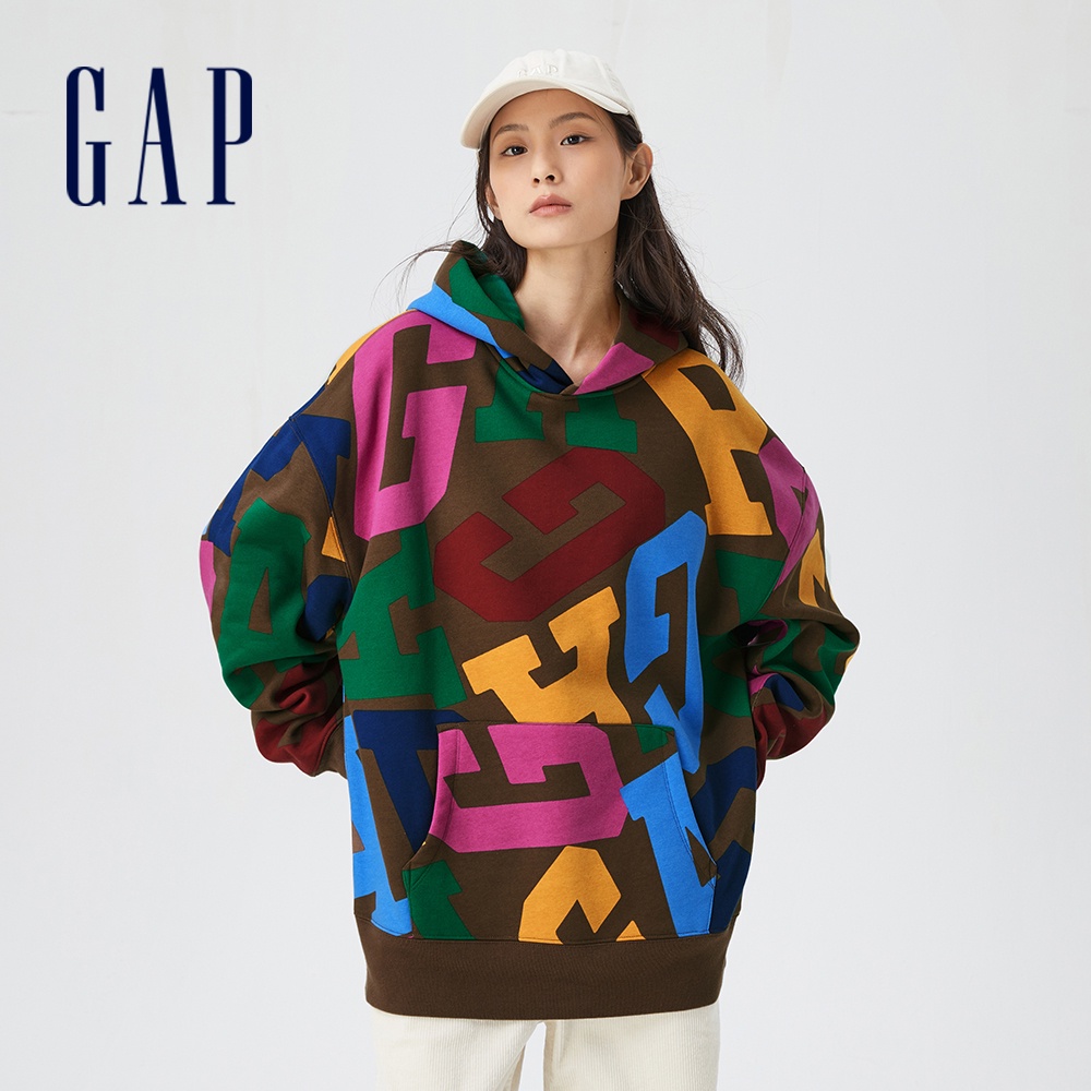 Gap 男女同款 Logo撞色刷毛帽T-棕色(581405)