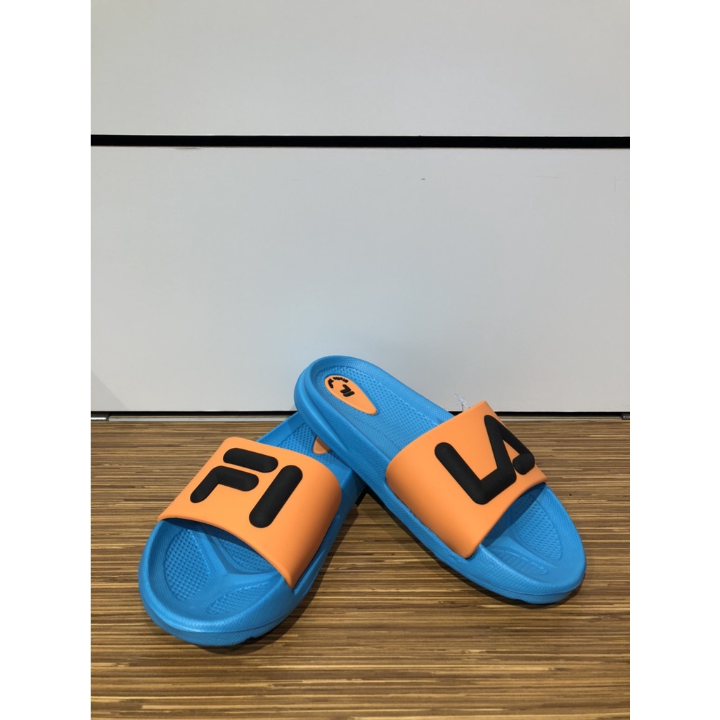 【清大億鴻】FILA 兒童 藍橘立體LOGO 防水輕量 休閒 室內外拖鞋2S828V-360