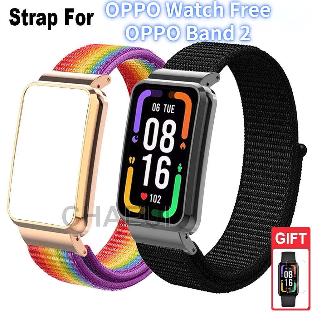 適用於 OPPO watch Free/OPPO band 2/OPPO 手環 2 錶帶 尼龍貼錶帶 + 金屬保護殼錶帶