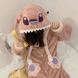 [現貨]卡通珊瑚絨睡袍 冬天可愛史迪仔絨睡衣女 冬季新款刷毛加厚保暖可外穿家居服睡袍