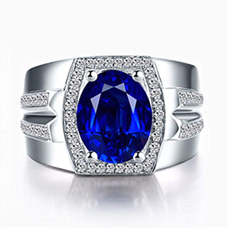 時尚男款戒指 男士指環至鑽藍鑽男戒 緬甸天然藍寶石戒指鍍鉑金色鑲嵌流行戒指