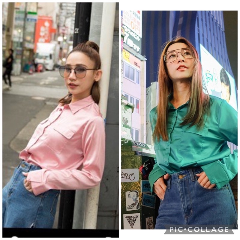 全新 Mercci22 光澤感口袋絲緞襯衫 長袖襯衫 復古風 Y2K風格襯衫 Mercci22 二手