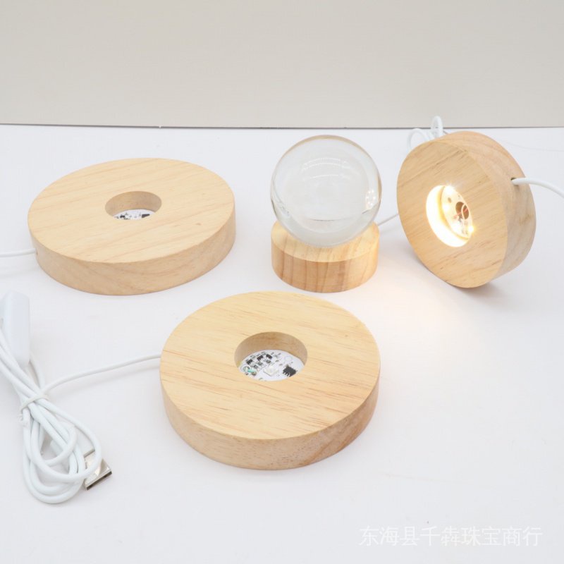 橡膠木小夜燈木質發光USB接口圓形 水晶底座 發光燈座底座
