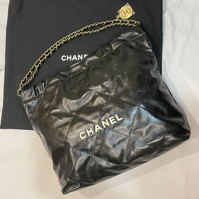 Chanel 22bag 22包 中號 黑色白字 垃圾袋包 22 bag 香奈兒 黑金字 黑白字