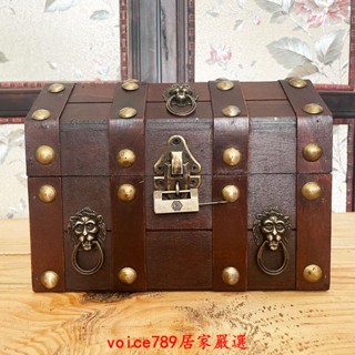收納盒 木箱 攝影道具 首飾盒 復古木盒 歐式復古做舊老式海盜箱配鎖寶箱仿古銅釘鬼頭裝飾道具