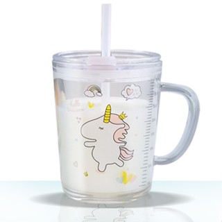 現貨 玻璃杯 無鉛玻璃水杯 刻度杯 350ml 寶寶牛奶杯 附蓋子 兒童吸管杯 帶把手 早餐杯 玻璃水杯 國王皇後商城