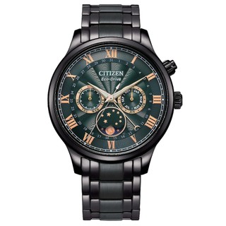 CITIZEN 星辰【AP1055-87X】GENT'S 光動能 月相顯示不鏽鋼腕錶 - 藍面x綠 / 42mm
