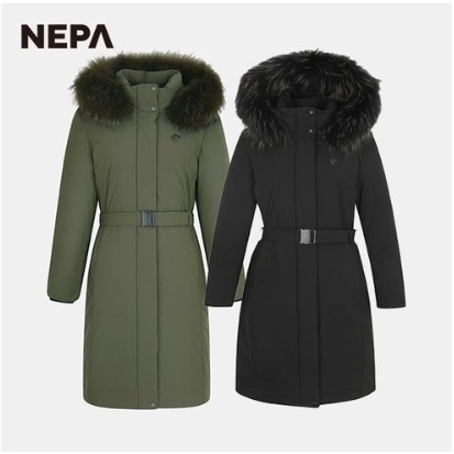 過季特賣❗️韓國 Nepa 22FW 女裝 浣熊毛 連帽收腰款 長版羽絨外套