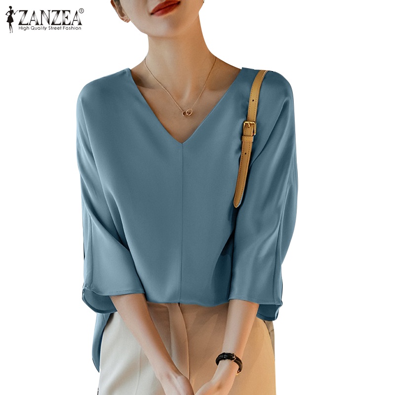 Zanzea 女士優雅三分袖 V 領純色寬鬆 OL 休閒襯衫