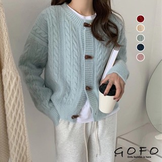 GOFO 毛衣外套 韓系穿搭 日系秋冬 復古牛角 圓領短版 短腰 毛衣外套 女生外套 冬天女裝 冬季服飾