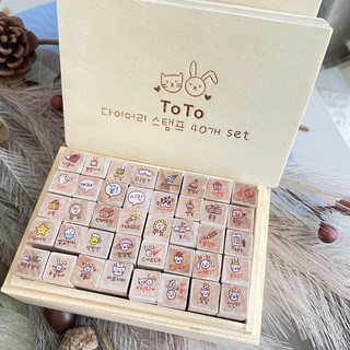 b3 臣 005 木質印章 兔兔貓咪 豬豬 塑膠盒 toto 印章 40枚入 日記印章 小印章 印章套裝