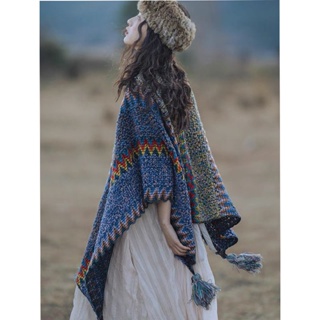 【慕梧蘇】高品質旅行披肩雲南青海新疆民族風流蘇斗篷保暖寫真圍巾女復古風