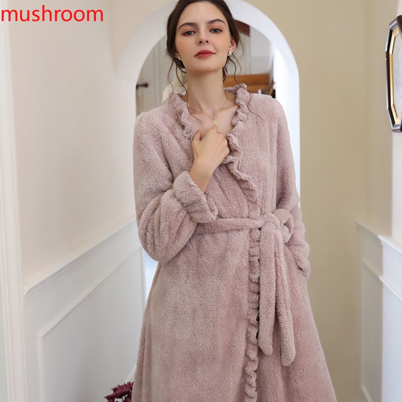 睡衣女士冬季新款長袖法式珊瑚絨可穿家寬鬆居服加厚刷毛睡袍浴袍【mushroom】