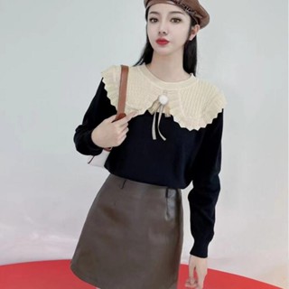 愛依依 長袖毛線衣 針織上衣 打底保暖 新款軟糯設計感高階荷葉邊翻領針織衫女內搭長袖打底衫ME045-L6517.