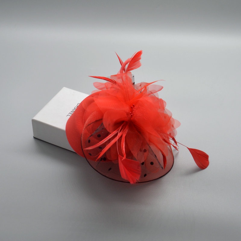 凡妮莎-紅色網紗羽毛小禮帽-新娘頭飾.新娘髮飾.造型晚禮帽