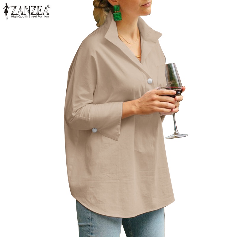 Zanzea 女式歐洲日常半開襟 3/4 袖立領純色襯衫