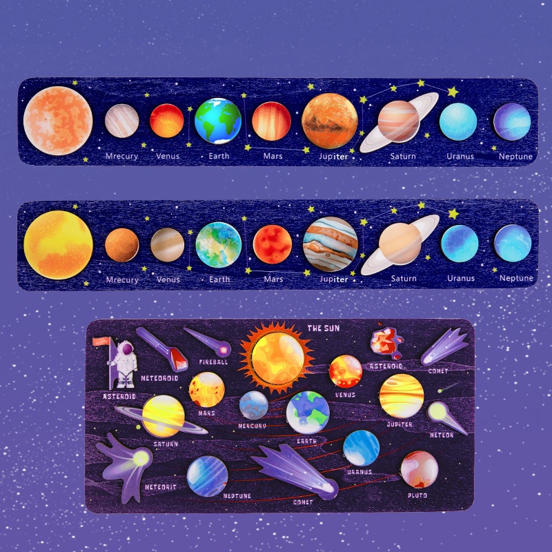 木製立體拼板 太陽系模型玩具 套裝蒙特梭利教具 行星科教益智拼圖