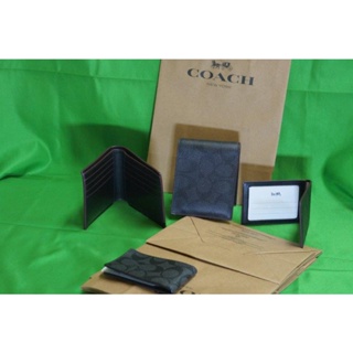 絕對正品 COACH 經典PVC LOGO 6卡照片短夾(黑灰) 雙層夾 附原廠紙袋