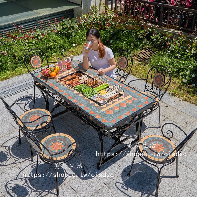 【美居生活】燒烤桌戶外庭院花園歐式鐵藝桌椅組合家用商用木炭燒烤爐露臺餐桌