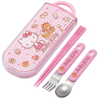【現貨】小禮堂 Hello Kitty 滑蓋三件式餐具組 Ag+ (粉格子款)