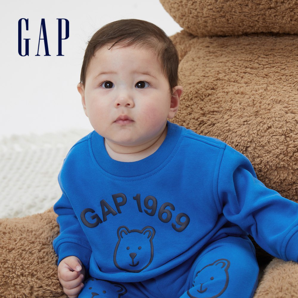 Gap 嬰兒裝 Logo小熊印花刷毛上衣 碳素軟磨系列-湖藍色(506940)