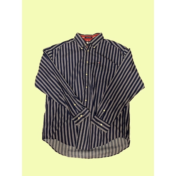 Tommy Hilfiger 深藍 條紋襯衫 L vintage 90s 古著 古著上衣 古著襯衫 Y2K 2000s