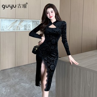 guyu古瑜 改良式旗袍 【S-XL】2023新款高階感黑色顯瘦性感蕾絲開叉洋裝緊身晚禮服長袖