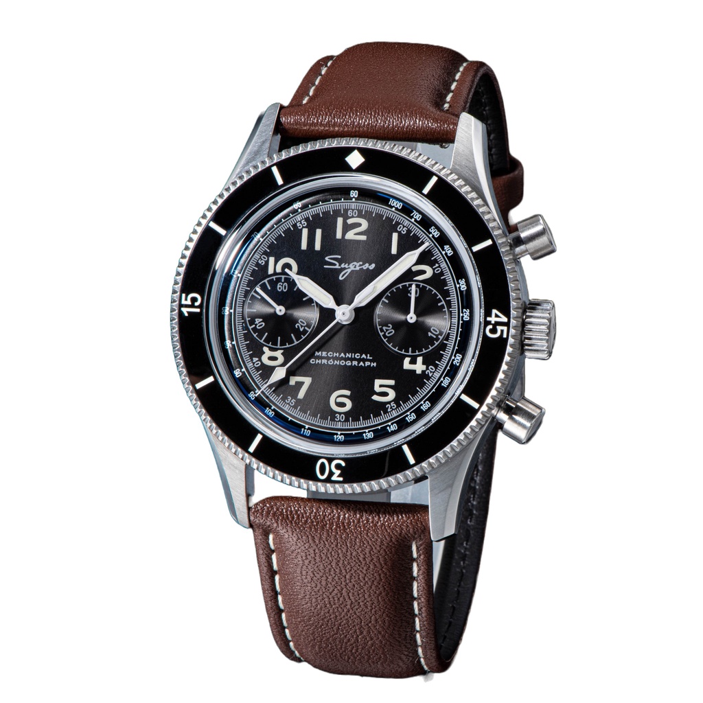 AF Store* Sugess S423 黑色錶盤 復古計時碼錶 真皮錶帶 手動上鍊 海鷗機芯 ST1901 機械錶