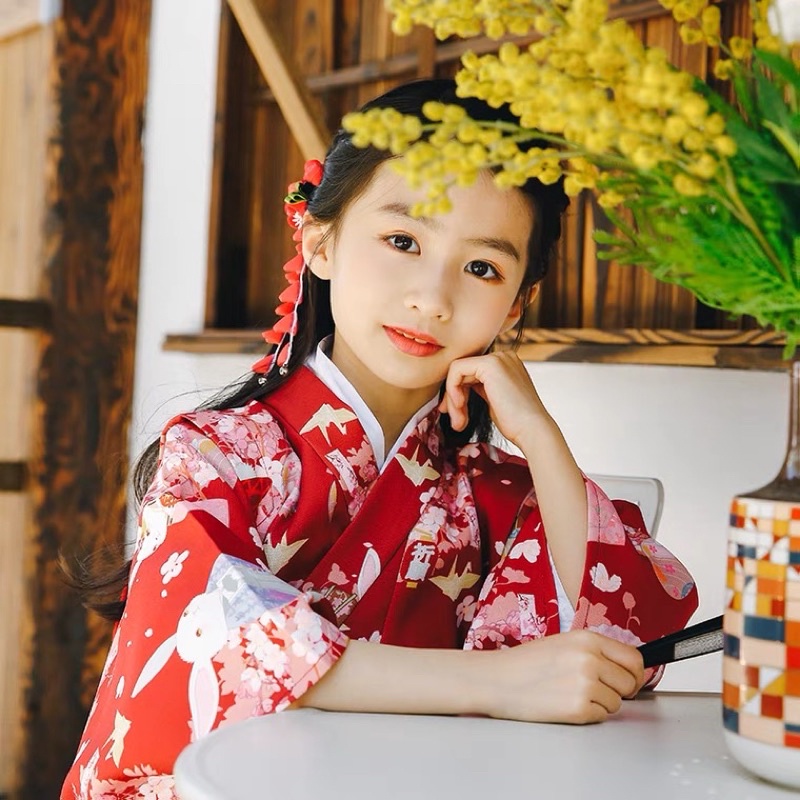 E 日本兒童和服暗紅祈願兔童裝改良和服日式浴衣女童演出服