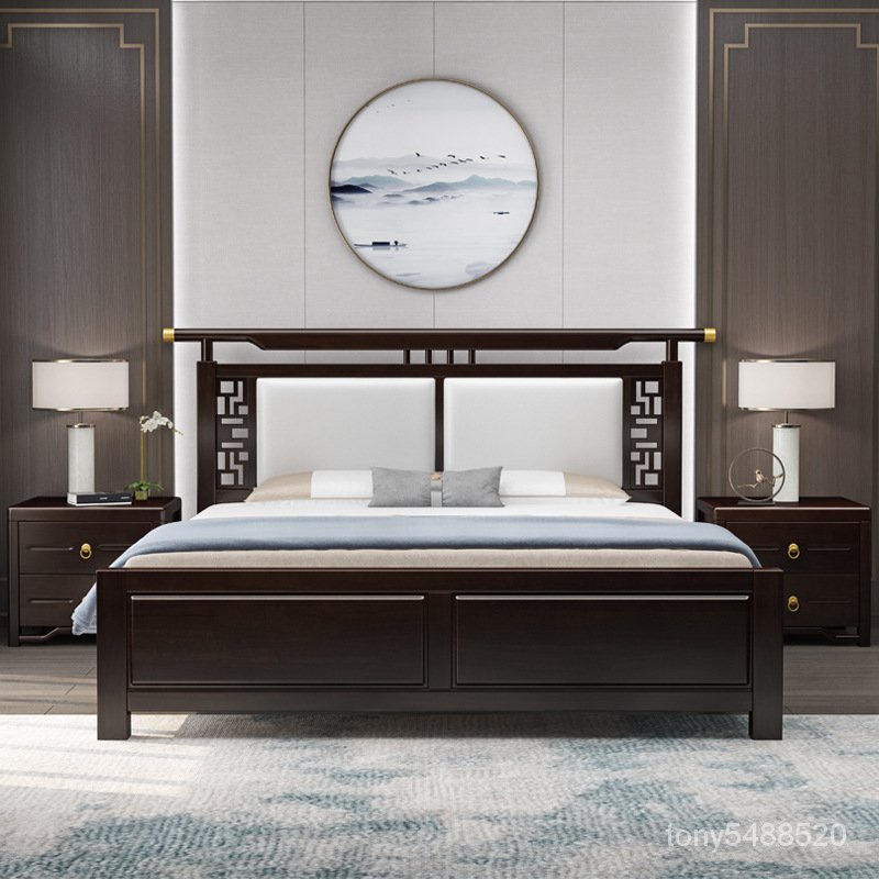 新中式1.8米實木雙人床2×2.2米輕奢禪意1.5米臥室軟靠儲物床民宿 高腳床 鐵床架 雙層床 上下床 儲物多功能床架