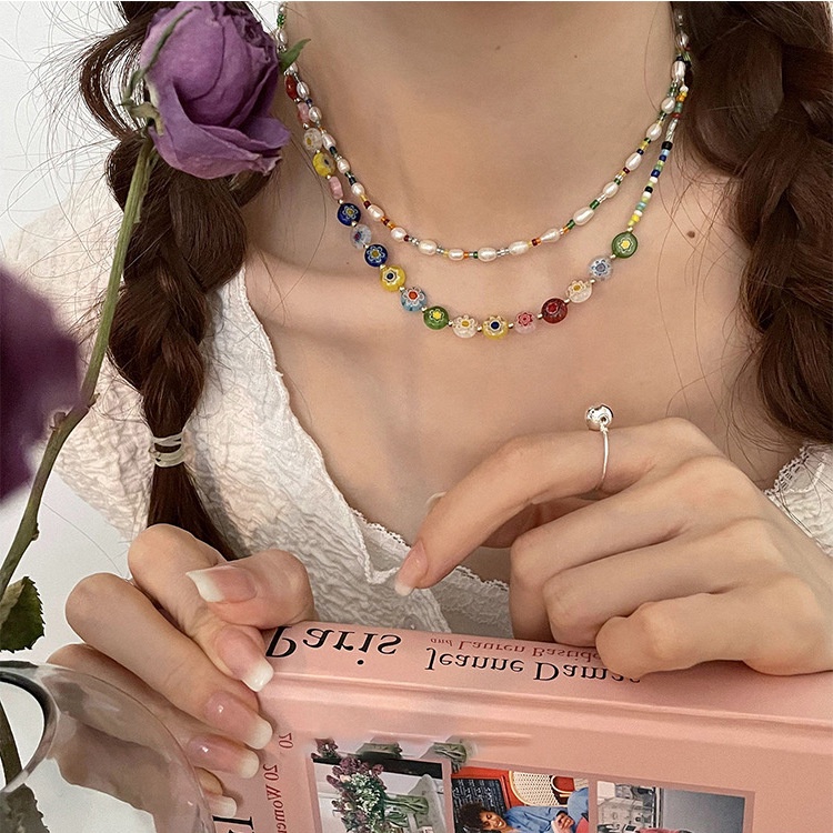 小眾設計彩色串珠淡水珍珠項鍊女韓國復古個性簡約百搭頸鍊鎖骨鏈
