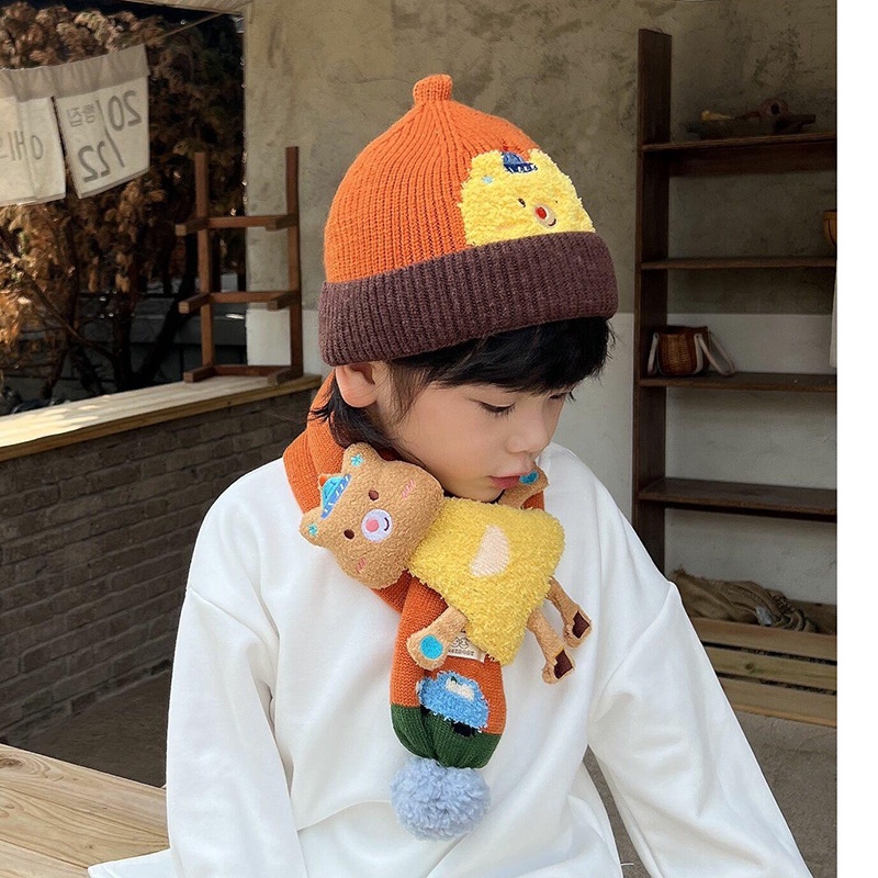1-5歲 兒童百搭保暖毛帽+圍巾兩件組 冬季嬰兒帽子圍巾 男童卡通針織護耳一件式 女寶寶毛線帽 現貨 快速出貨