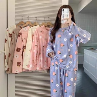 臺灣現貨 冬季 珊瑚絨 睡衣套裝 可愛 均碼 素色 寬鬆 女士 保暖 韓版 法蘭絨 家居服 睡衣套裝 居家服 休閒