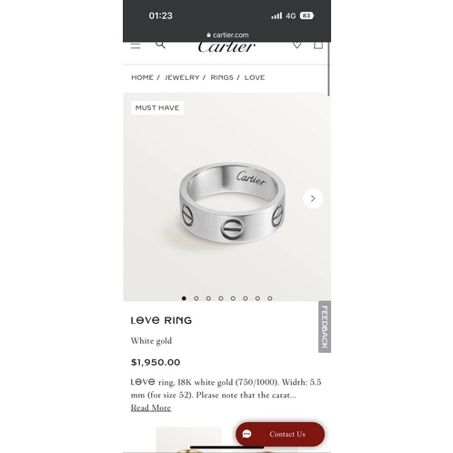 「二手自賣正品」Cartier 卡地亞 LOVE系列 白金戒指 寬版 52號