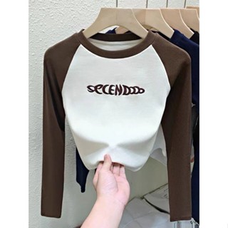 【HOSS】刺繡打底衫女 韓系 辣妹 撞色插肩長袖t恤女生 短款打底上衣ins