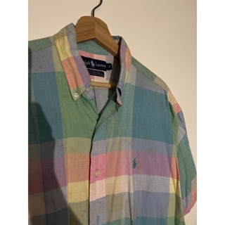 Polo Ralph Lauren RL RRL 古著 拼接 湖水綠 彩色 男襯衫 上衣 男裝 男短袖 襯衫 花襯衫