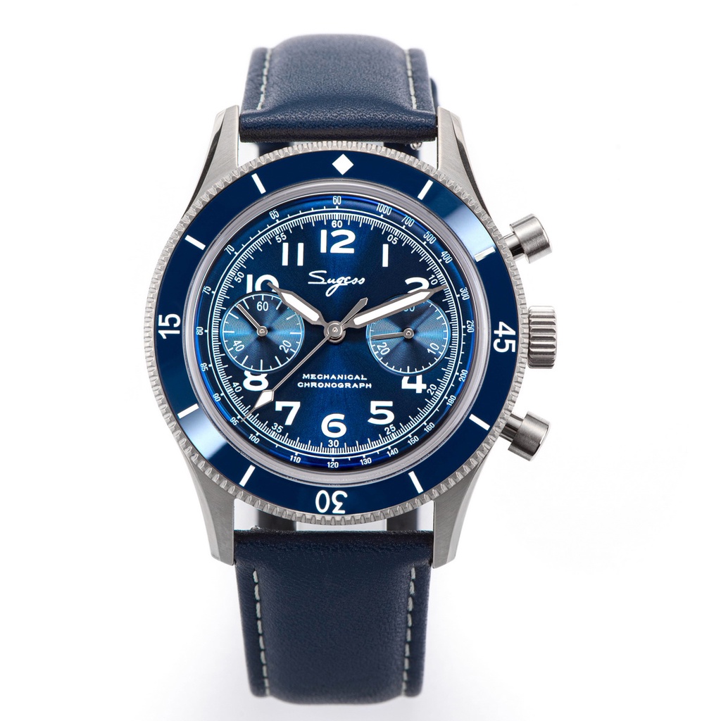 Sugess 手錶 1963 年男士手錶 ST1901 計時碼表夜光機械手錶防水水晶藍寶石意大利皮革