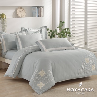 HOYACASA 100%天絲鑲布刺繡兩用被床包組-幽雅藍(雙人/加大/特大)