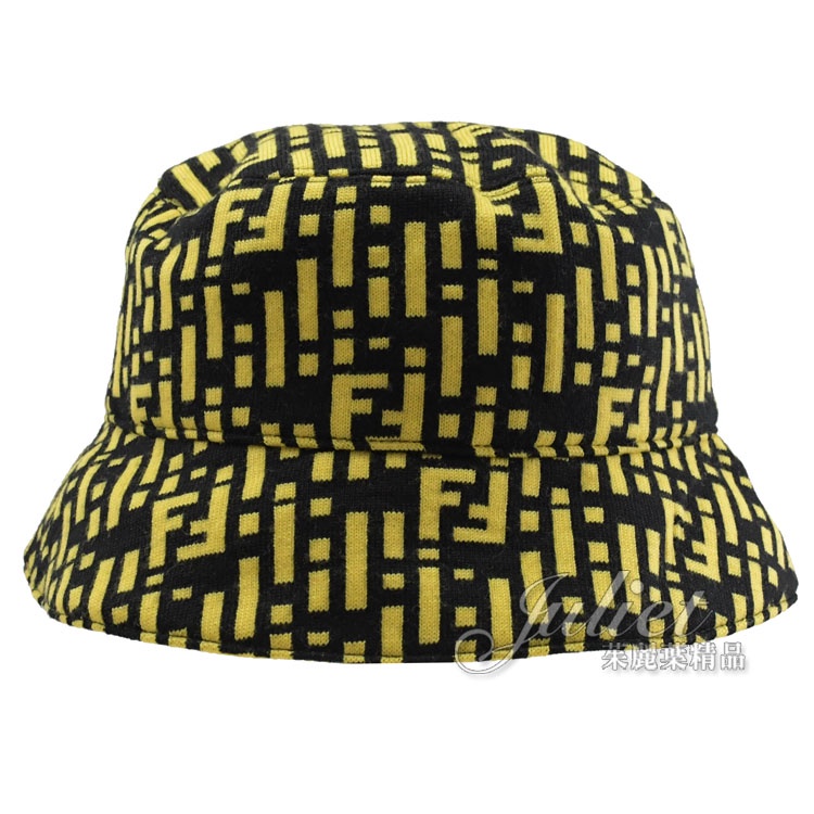 【茱麗葉精品】FENDI 經典品牌LOGO印花羊毛漁夫帽/遮陽帽.黑黃 多尺寸 現貨在台